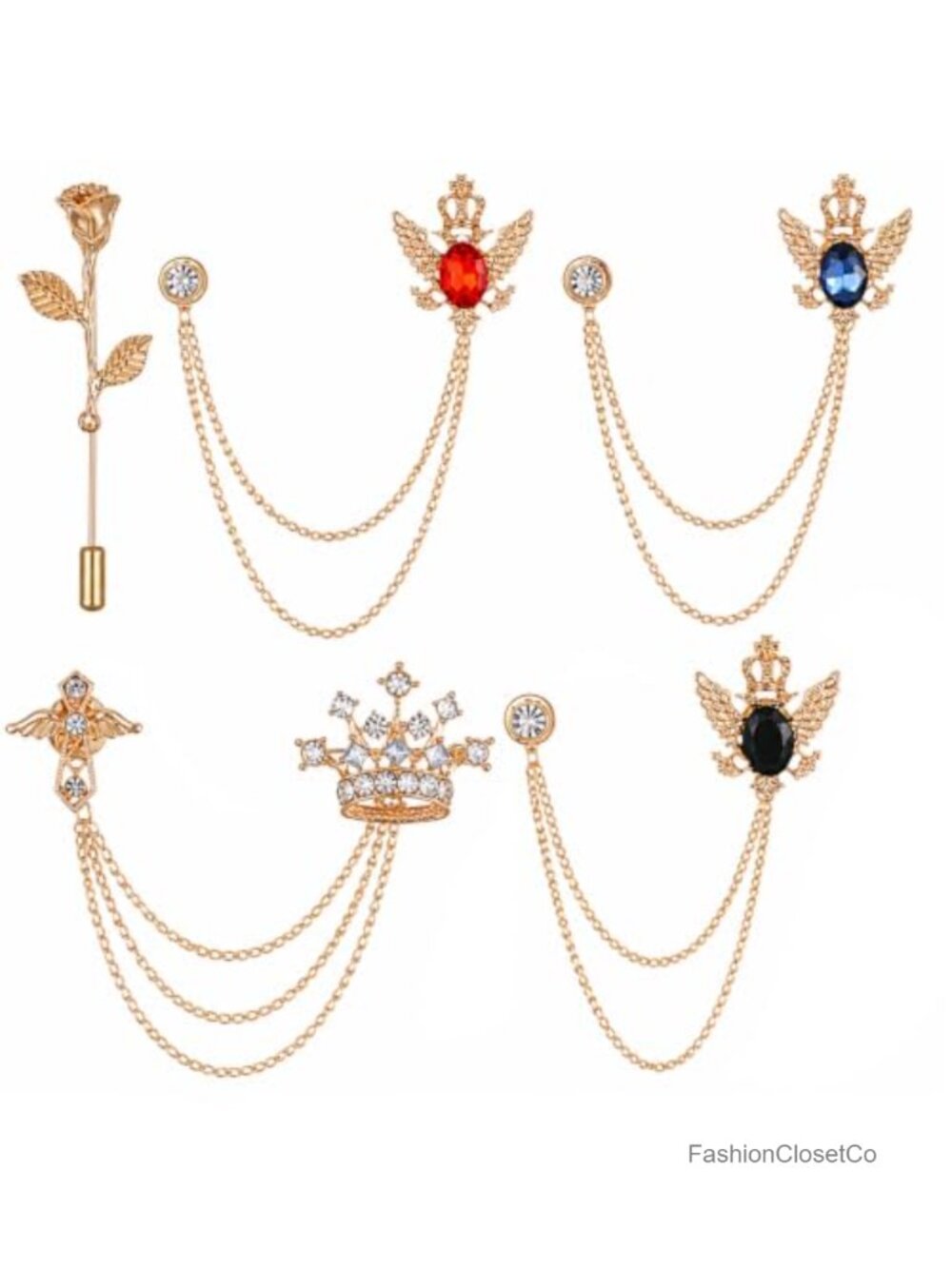 5 Pc Crown Brooch Set Crystal Rhinestone Tassel Chain Lapel Pin